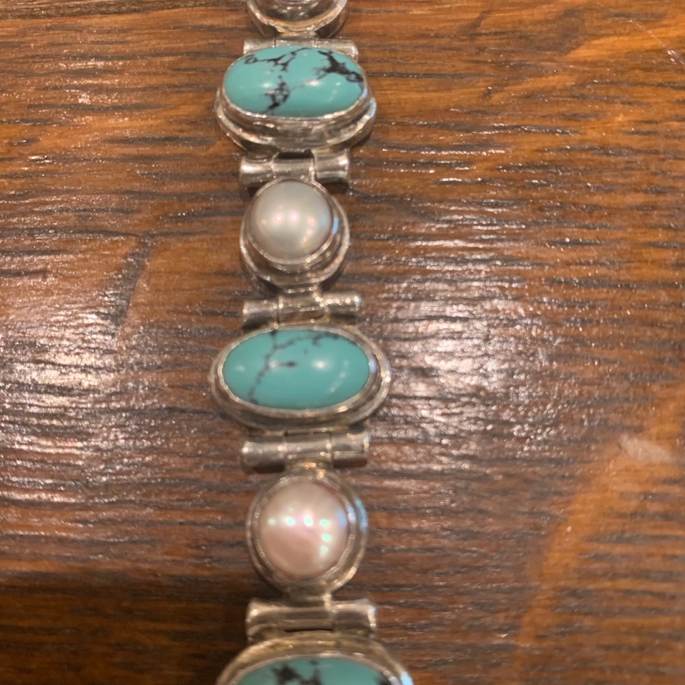 Vintage pearl and turquoise sterling silver bracelet - Picture 11 of 12